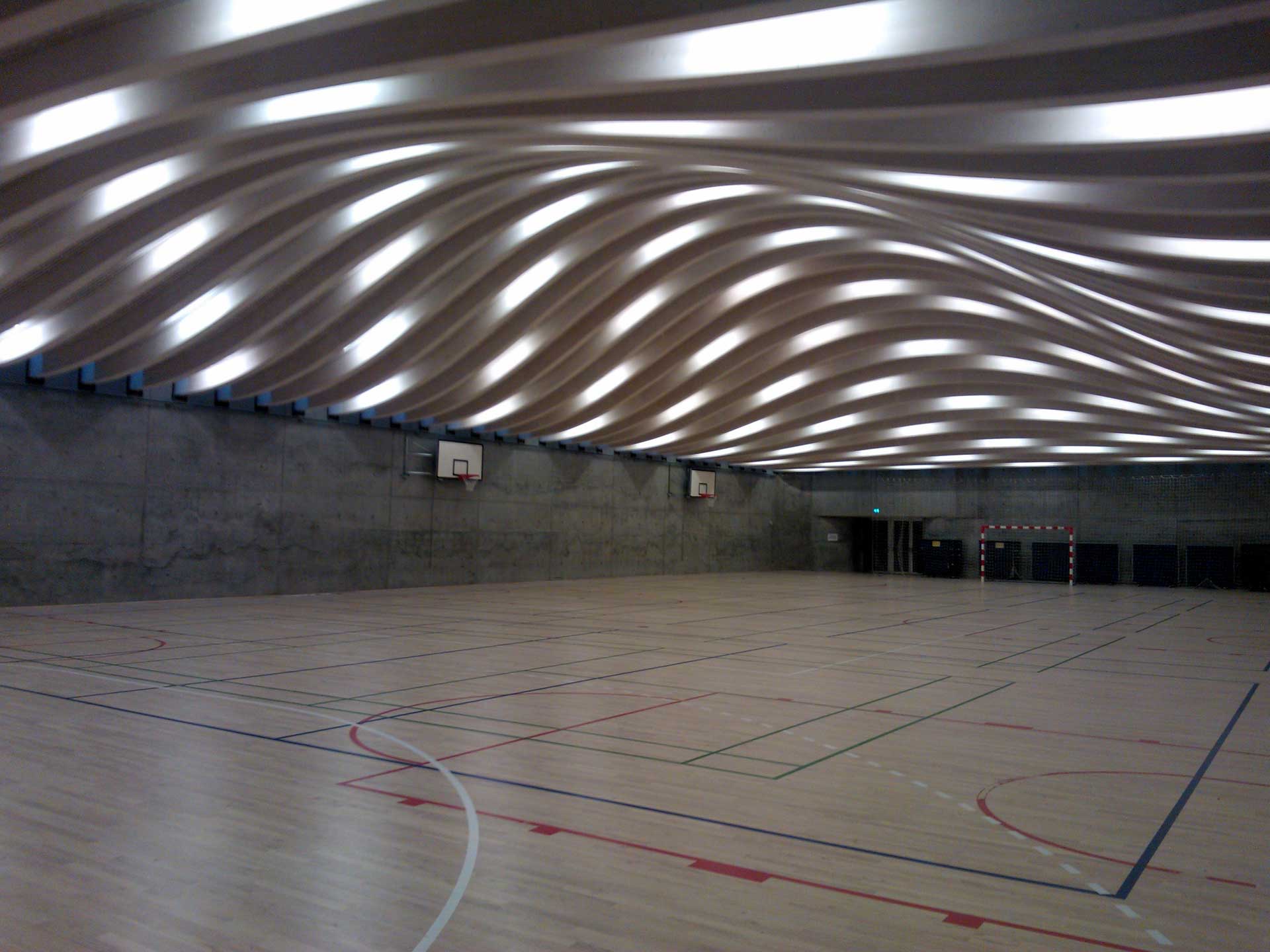 A multi-use hall with a distinctive, wavy wooden ceiling that creates an interesting pattern of light and shadow. The walls are made of concrete, and there are basketball hoops at either end of the court.